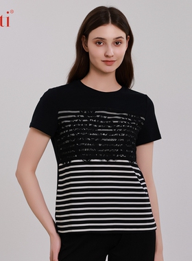 Gitti/吉蒂春夏新品撞色条纹短袖女棉减龄显瘦圆领T恤G251437