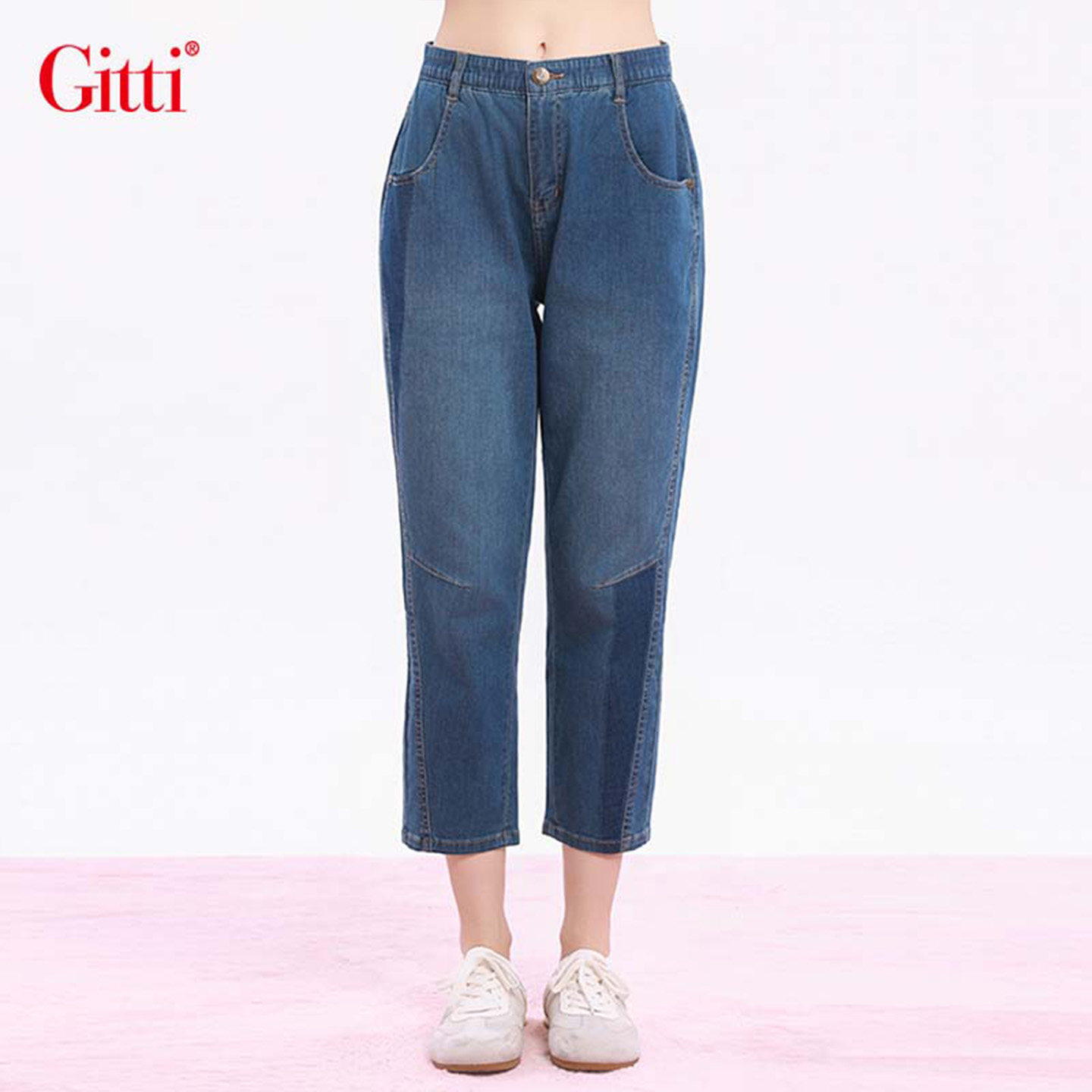 Gitti/吉蒂拼接宽松大码哈伦裤女棉时尚百搭八分裤牛仔裤G261399 - 实物图