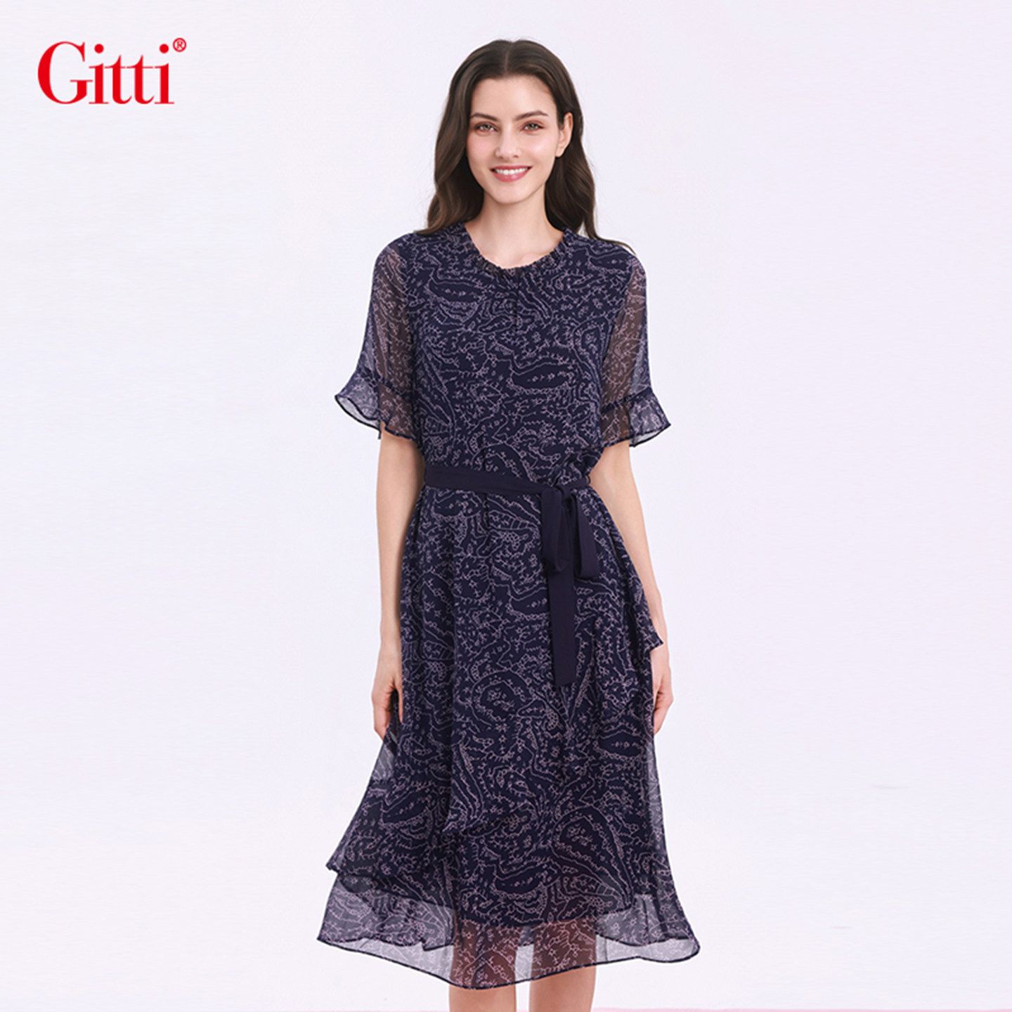 Gitti/吉蒂印花灵动收腰显瘦荷叶花边雪纺连衣裙女圆领裙G261075