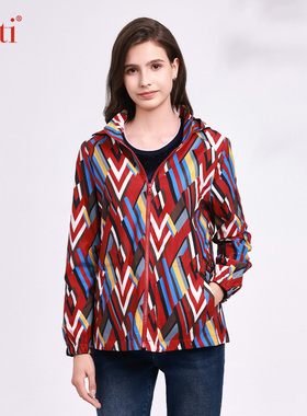 Gitti/吉蒂秋冬中长款印花外套女大码连帽风衣G245078