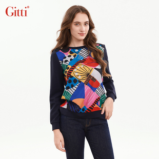 针织T恤G255177 罗纹拼接印花上衣女显瘦长袖 Gitti 吉蒂宽松大码