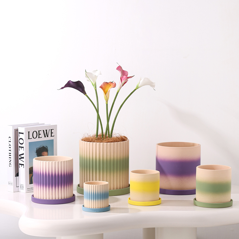 双渐变北欧陶瓷素烧花盆有孔带托盘吸水透气绿植虎皮兰多巴胺彩色