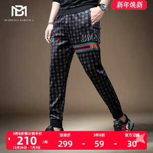 潮流百搭修身 男潮牌港风束脚九分裤 欧洲站字母印花休闲卫裤 BM男士