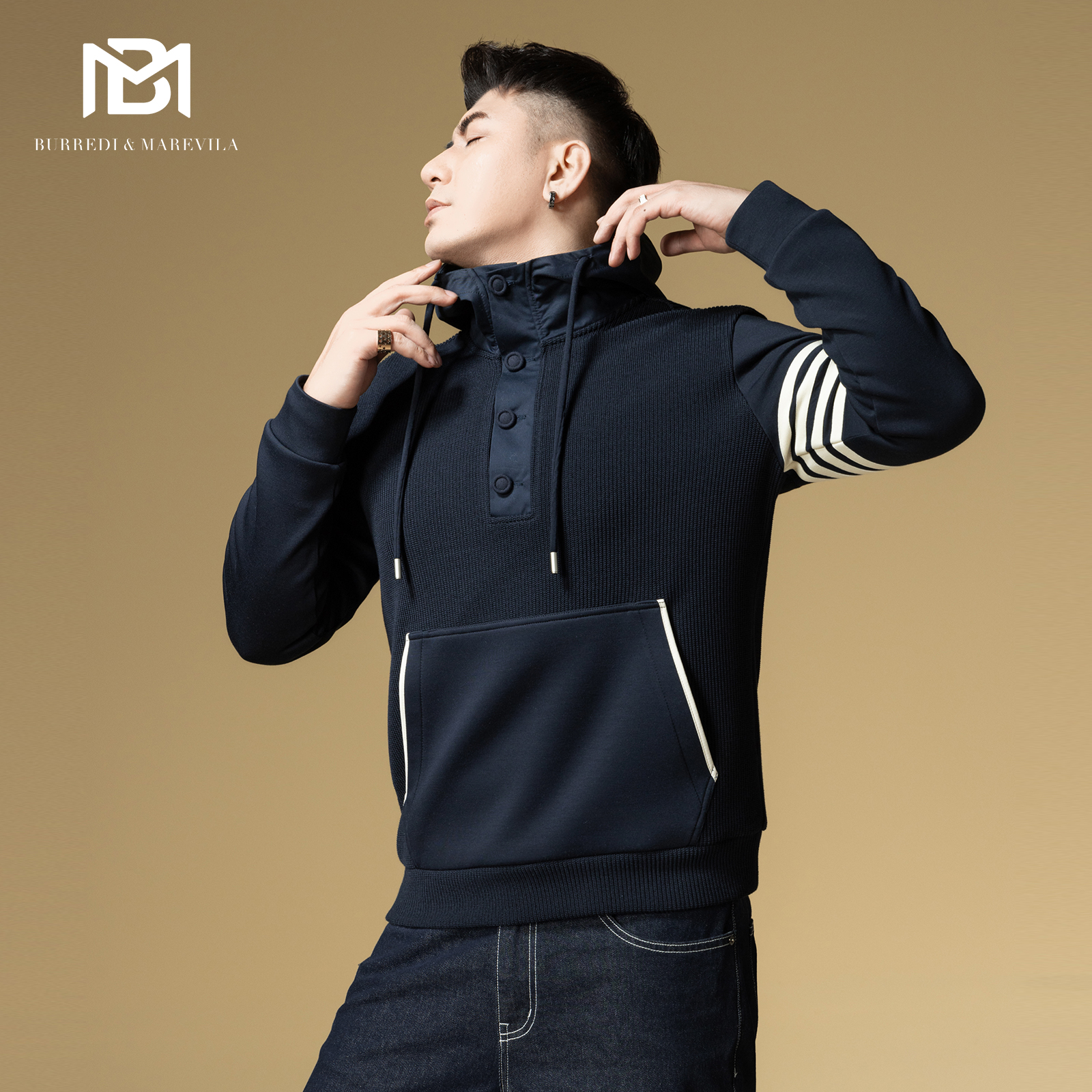 BM拼接针织连帽卫衣男2025新款今年流行爆款四条杠潮牌春秋季上衣