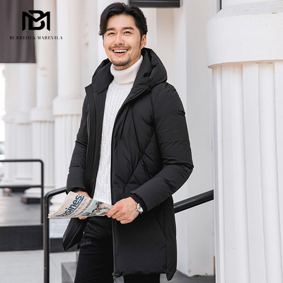 BM潮牌羽绒服男流行新款加厚白鸭绒修身中长款韩版男士连帽外套冬