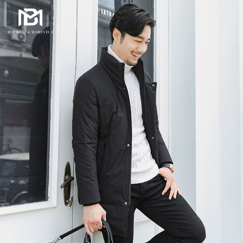 BM男士立领羽绒服男中长款韩版修身蜜蜂徽章潮流纯色休闲外套冬季