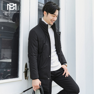 BM男士立领羽绒服男中长款韩版修身蜜蜂徽章潮流纯色休闲外套冬季
