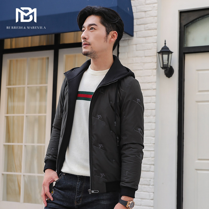 BM男士羽绒服新款男刺绣帅气纯色韩版潮流连帽夹克外套短款修身冬