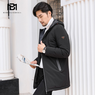 BM男士羽绒服中长款韩版流行新款纯色连帽加厚外套男简约休闲修身