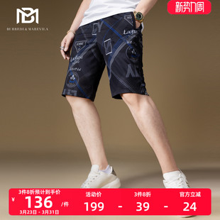 沙滩裤 BM欧洲站潮牌裤 夏季 男款 子男冰丝条纹印花复古休闲5分短裤