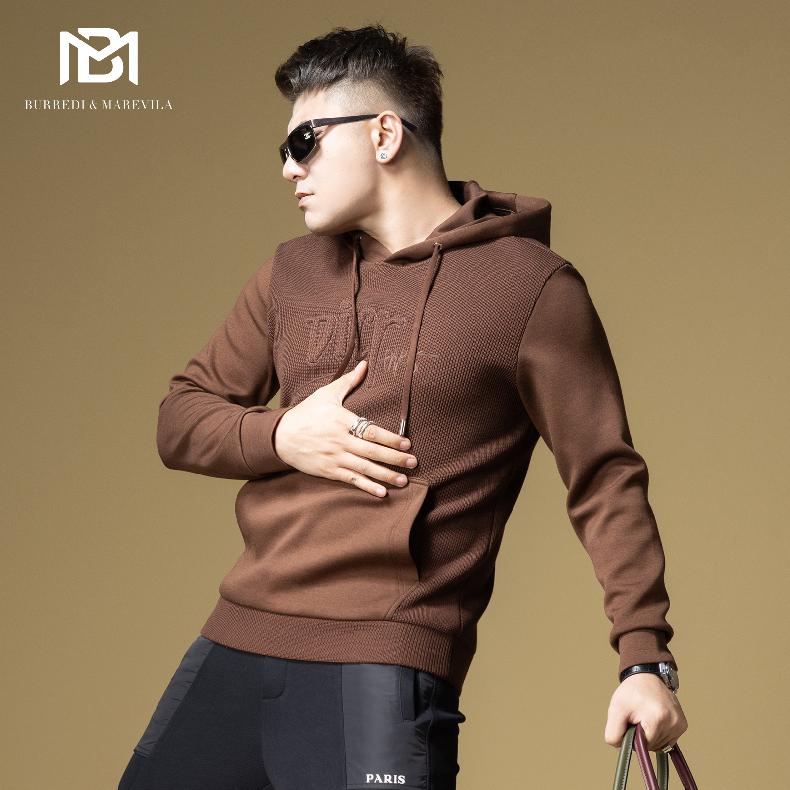 BM美式复古卫衣男连帽2024新款潮牌字母刺绣针织拼接帽衫男款秋季