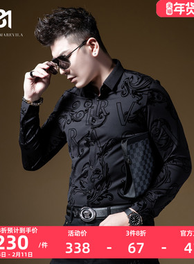 BM字母满花衬衫男设计感小众ins痞帅潮牌黑色男士衬衣2021新款秋