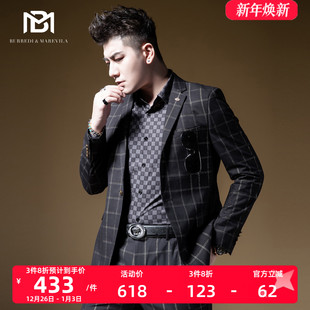 高级感外套男轻奢痞帅休闲设计感西服上衣秋季 BM男士 复古格子西装