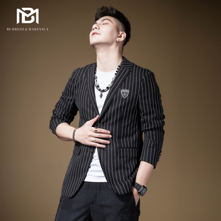 韩版 男装 潮流痞帅西服 外套2021年新款 BM竖条纹高级感炸街休闲西装