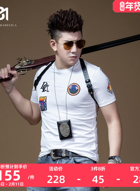 BM字母印花烫钻t恤男短袖ins潮牌徽章刺绣红蓝绿色港风潮流简约夏