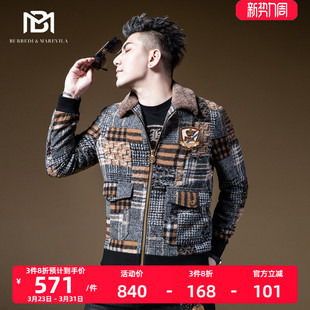 复古夹克秋冬季 轻熟风男士 男装 BM蜜蜂刺绣格纹羊羔毛外套2021新款