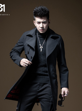 BM男士黑色复古翻领外套垂感风衣男中长款英伦风韩版潮流修身百搭
