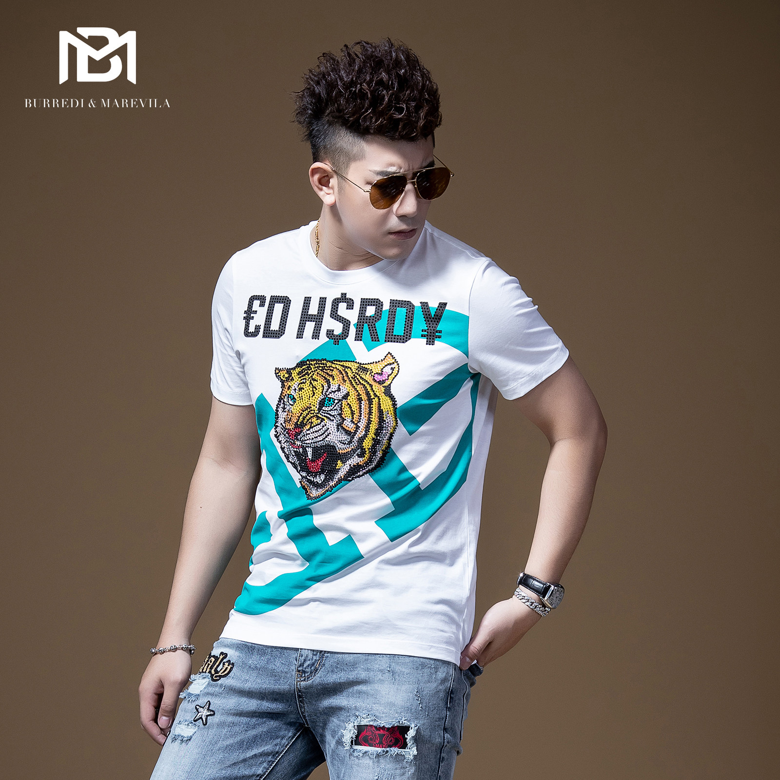 BM男士欧美印花烫钻虎头t恤男短袖潮牌个性时尚潮流ins原宿港风夏