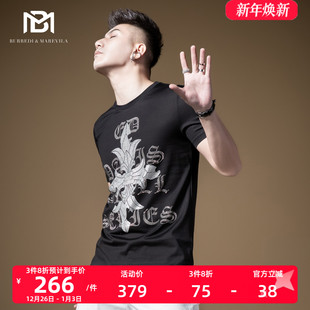 复古印花烫钻丝光棉潮牌圆领夏 高端t恤男短袖 BM欧货男装 2021新款
