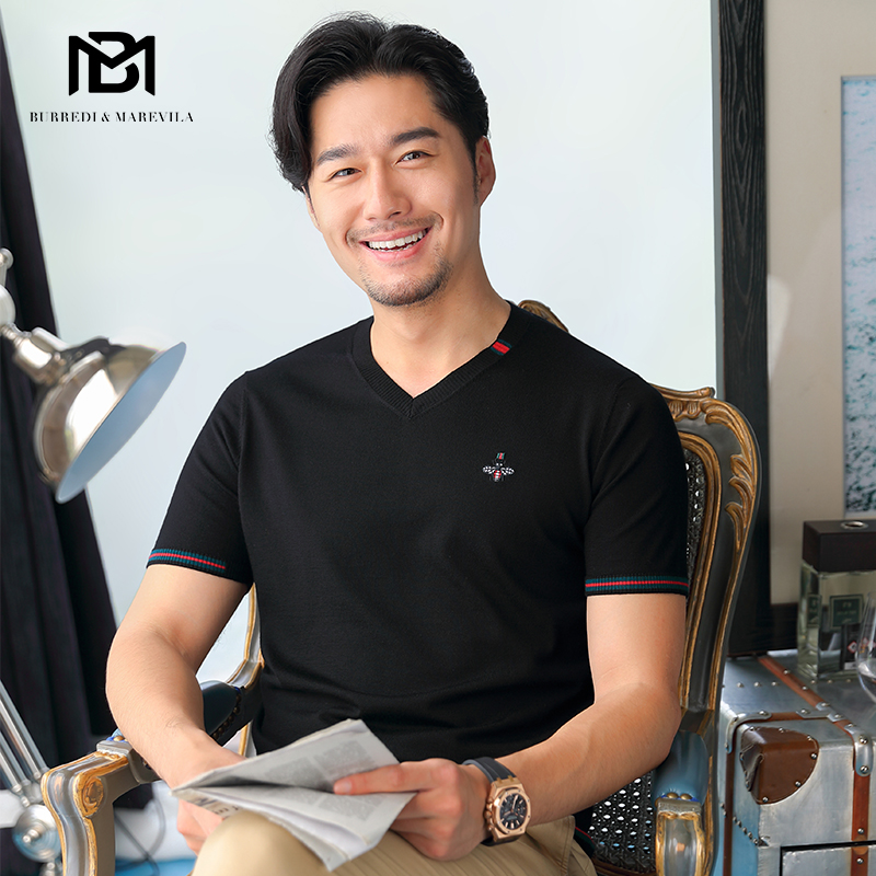 BM刺绣毛衣男士简约新款针织半袖男小蜜蜂羊绒衫短袖t恤潮流春秋