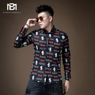 帅气百搭港风修身 BM男士 时尚 男潮流牌韩版 衬衣 外星人印花痞帅衬衫