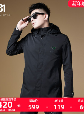 BM男士黑色欧美高端潮牌高级感风衣外套男中长款连帽男装2022新款