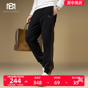 男卫裤 子潮牌男压花拼皮高端休闲裤 束脚春秋 复古裤 BM侧边条纹美式