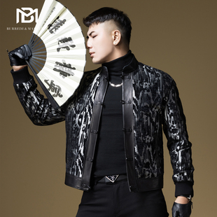 上衣潮 男士 BM新中式 国风拼接皮衣男真皮绵羊皮夹克外套男2024新款