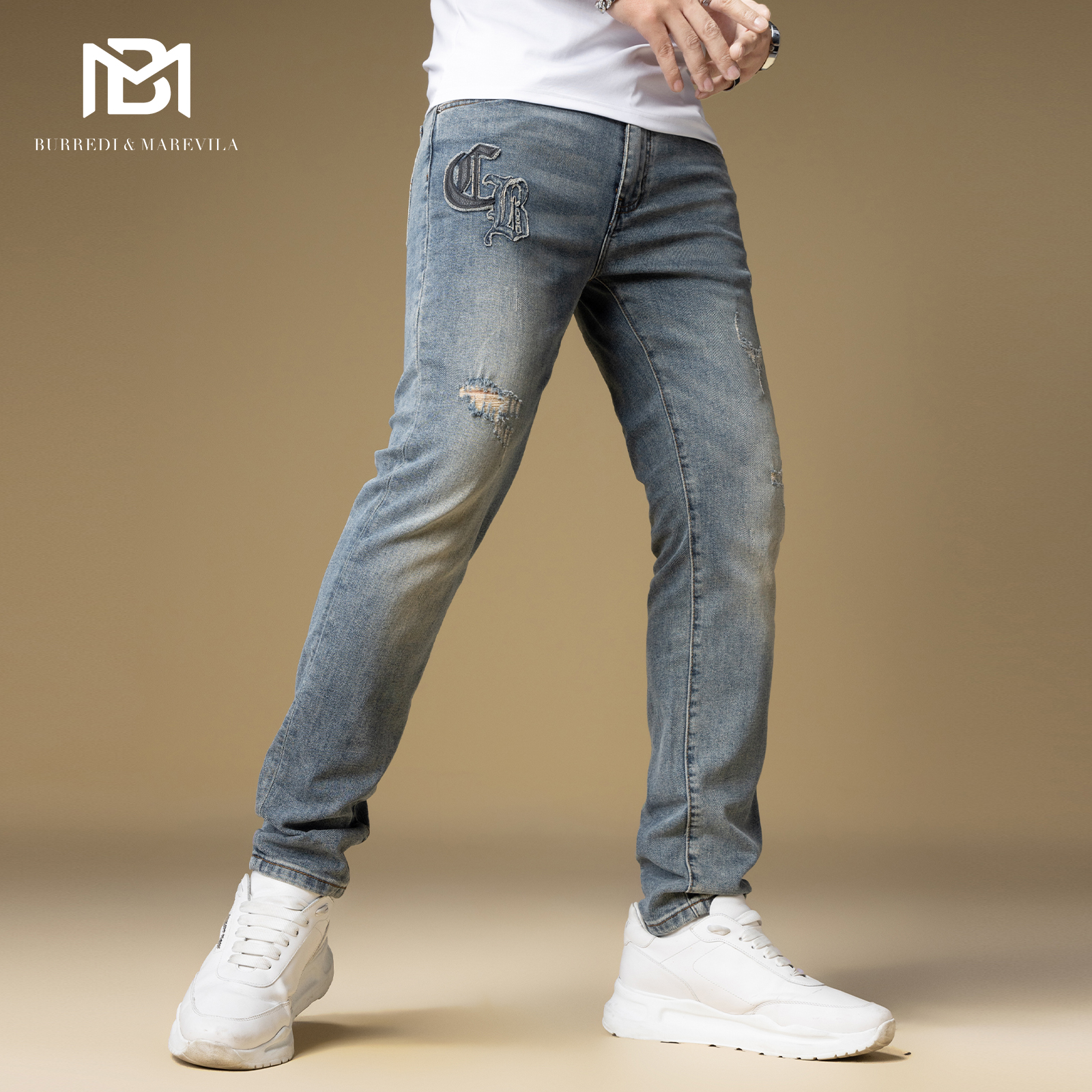 BM潮牌高街字母破洞牛仔裤