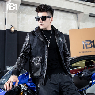 BM男士 潮流加厚 连帽烫钻真皮机车软皮衣男潮夹克外套休闲帅气韩版