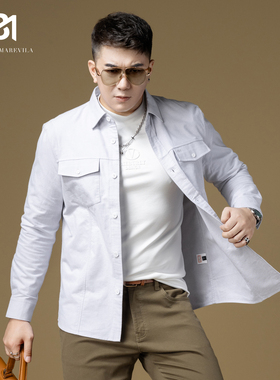 BM男士高端衬衫长袖2024新款纯棉商务休闲灰色衬衫男潮流刺绣外套