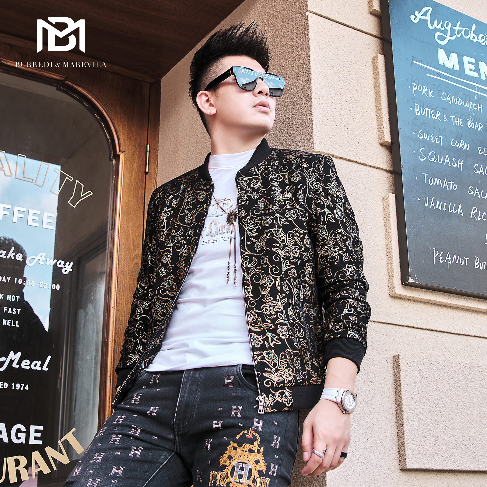 bm印花高级感炸街机车真皮皮衣