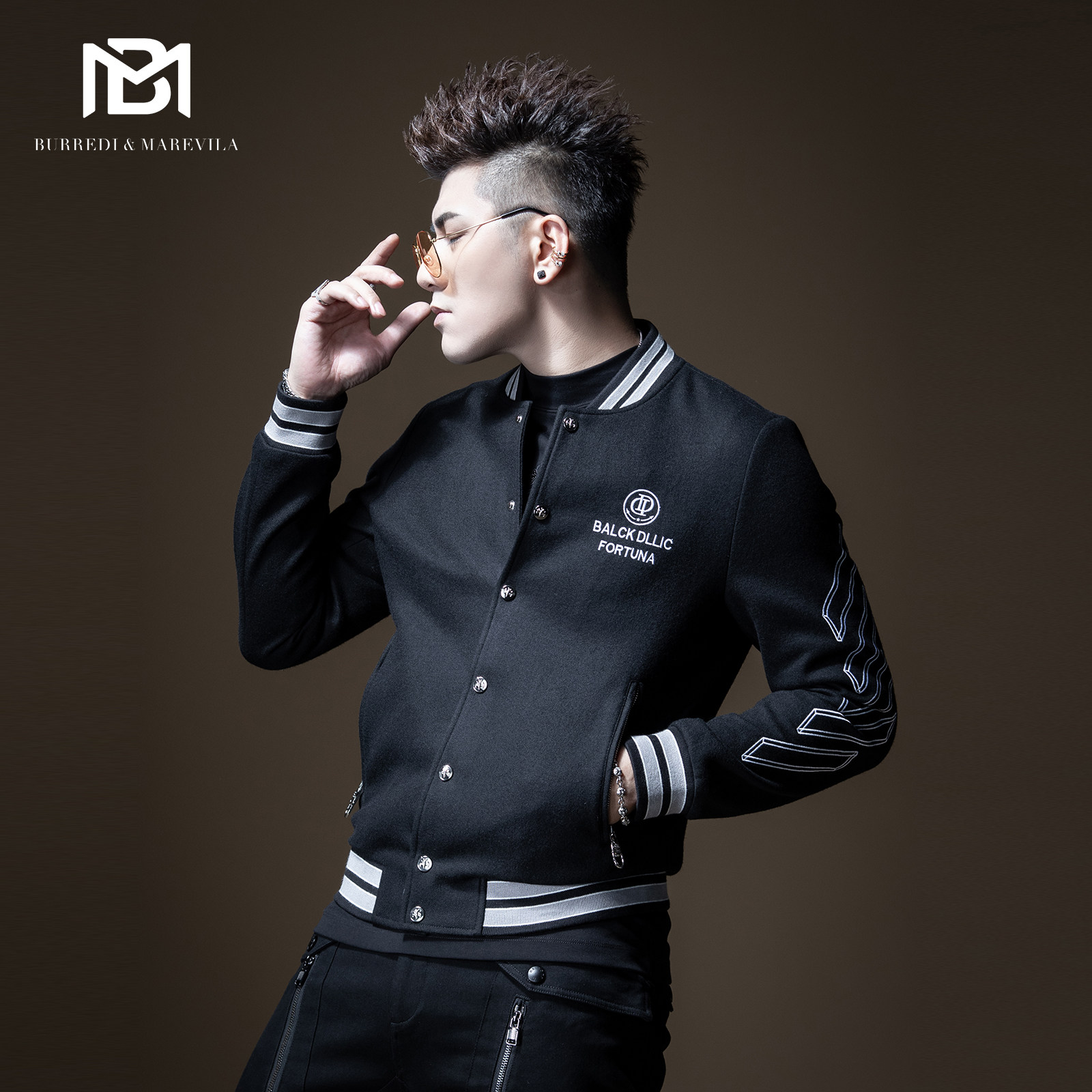 BM男士条纹立领夹克棒球服男外套潮流牌嘻哈欧美街头休闲修身韩版