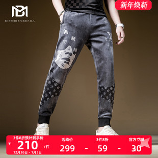 休闲运动卫裤 男士 子男ins潮炸街痞帅长裤 BM复古印花拼接烟灰色裤
