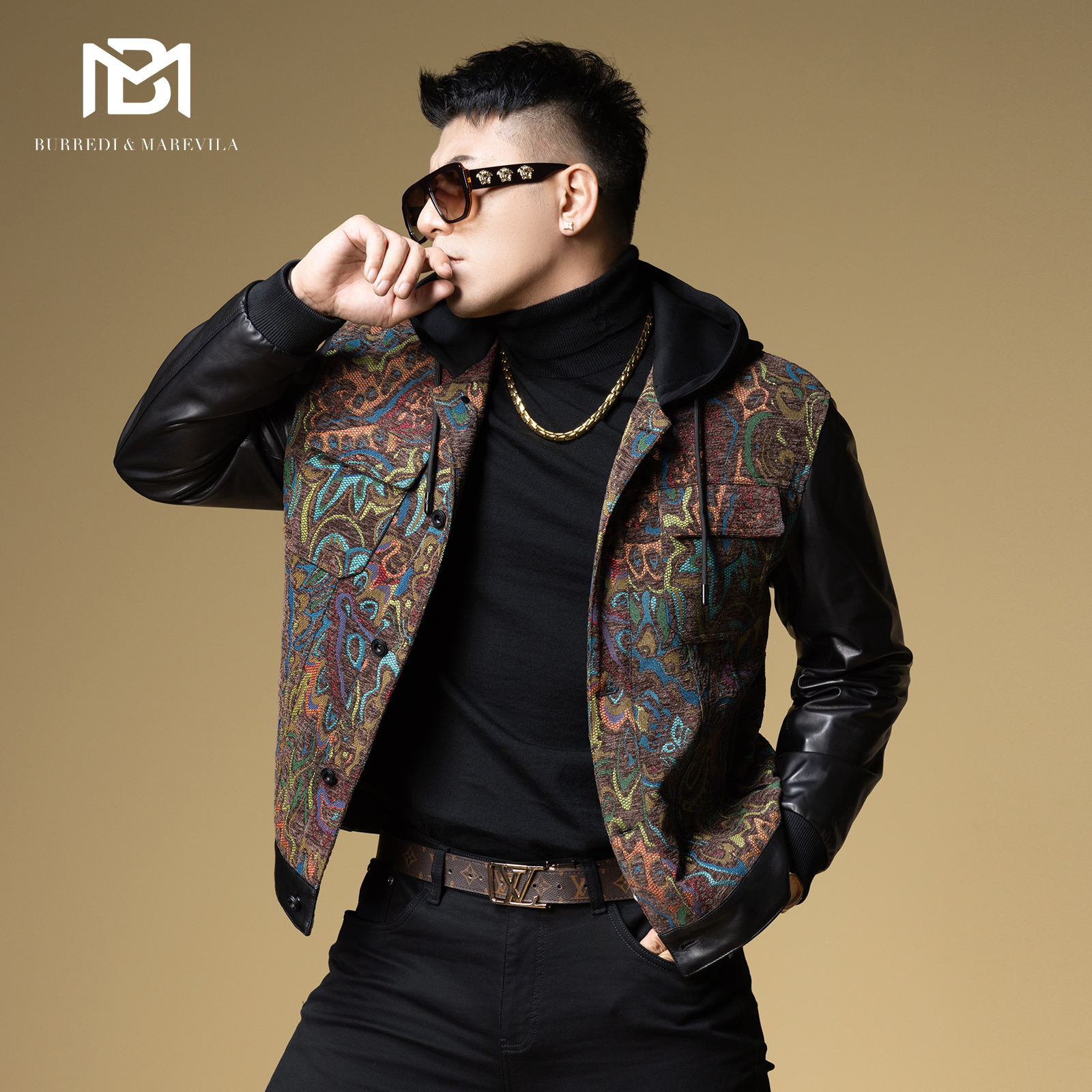 BM绵羊皮拼接真皮夹克外套男2024新款秋冬潮牌提花加厚连帽皮衣服