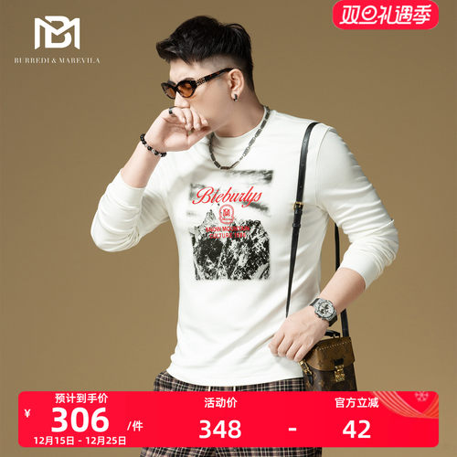 BM雪山印花美式复古卫衣男2025新款男士长袖t恤潮牌刺绣秋冬内搭