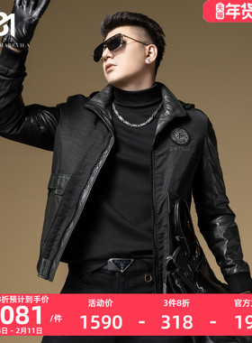 BM机车真皮皮衣男2023新款潮流烫钻徽章墨绿色拼接男士皮夹克加厚