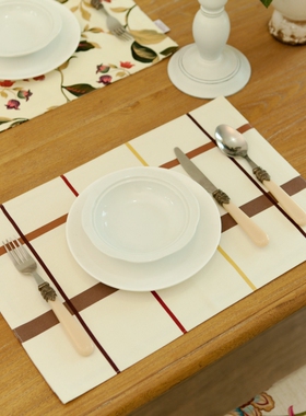 欧式地中海餐桌餐垫 粉绿色格子桌布双层餐杯垫布艺 桌旗定制