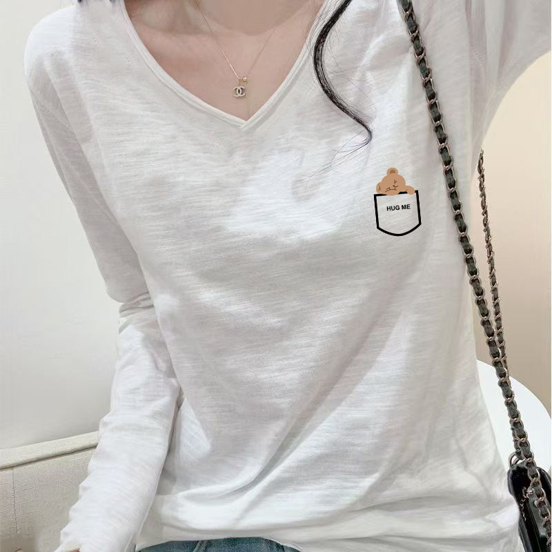 2025早秋印花卷边V领纯色简约长袖竹节棉T恤宽松显瘦百搭打底衫潮
