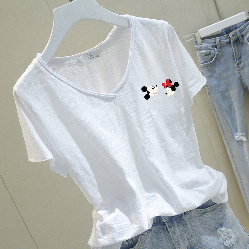 纯棉V领短袖T恤女2025夏季韩版宽松显瘦时尚印花竹节棉上衣打底衫