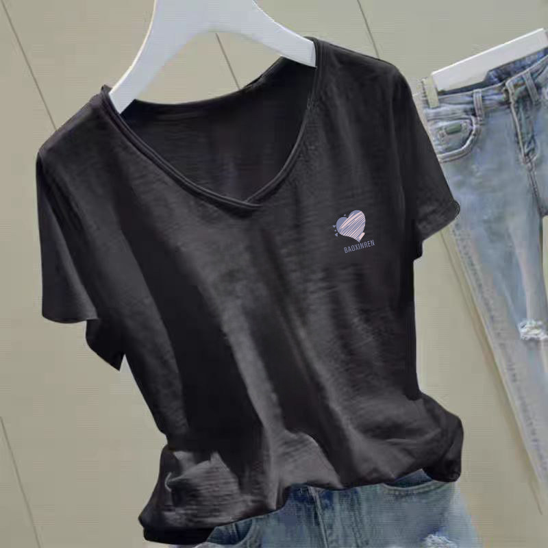 潮流夏季白色竹节棉v领短袖t恤毛边V领设计宽松显瘦纯棉印花上衣