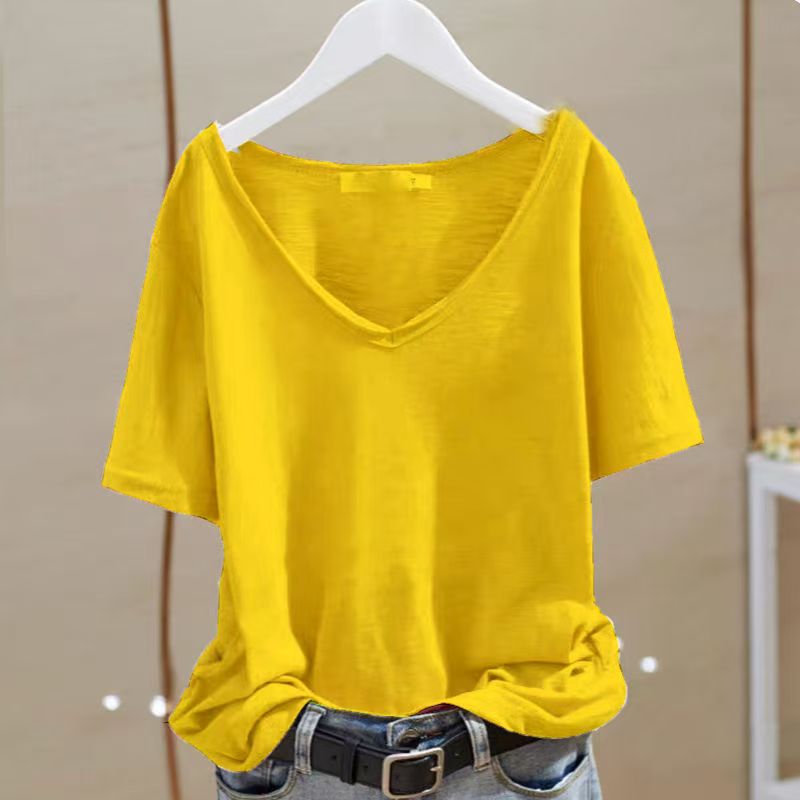 休闲纯色夏季新款韩版V领短袖竹节棉T恤女装宽松显瘦百搭上衣打底