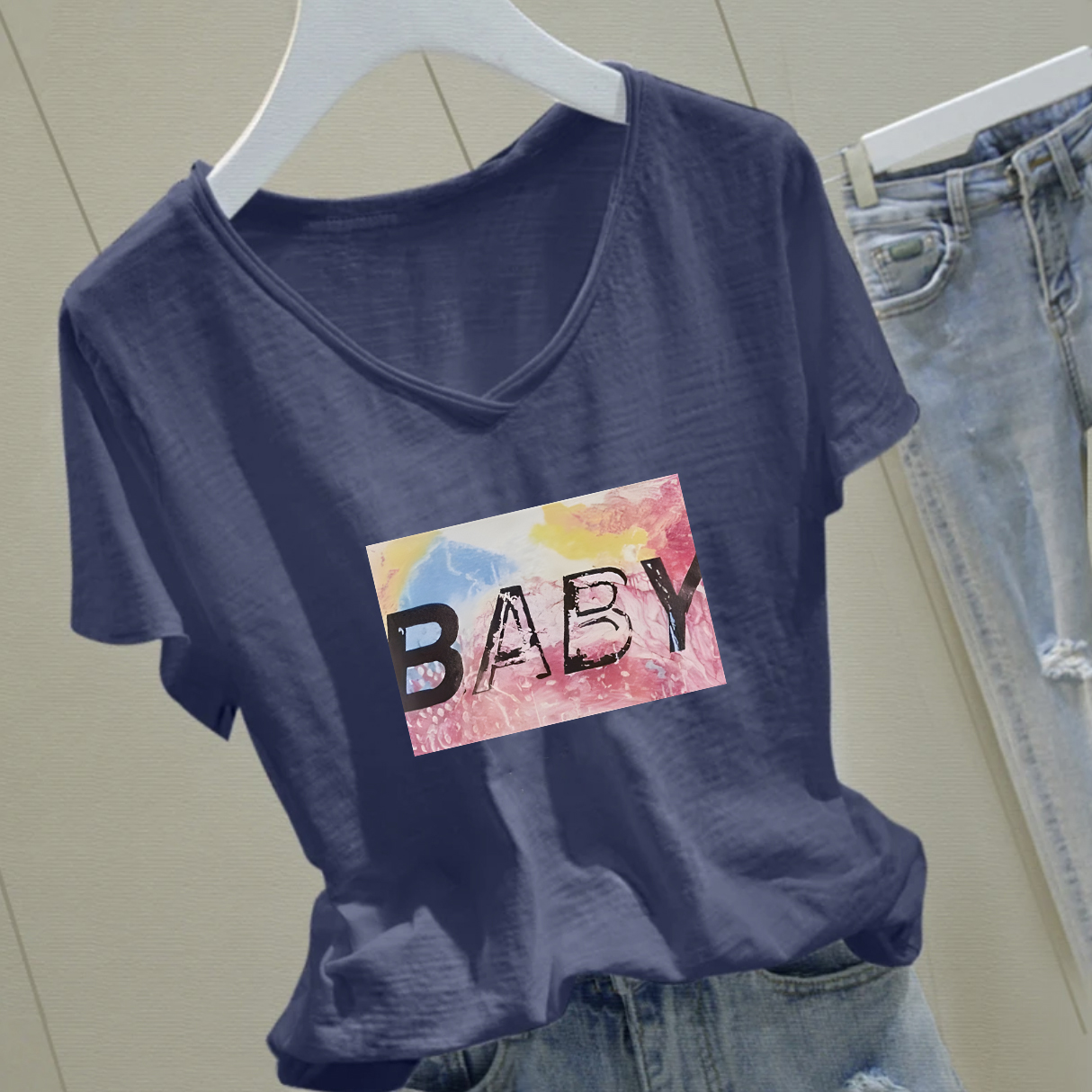 潮流新款纯色竹节棉v领短袖2025夏季女装宽松型显瘦纯棉印花T恤潮