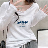 字母印花宽松遮肉显瘦长袖 竹节棉薄款 U领时尚 休闲风早秋新款 女装