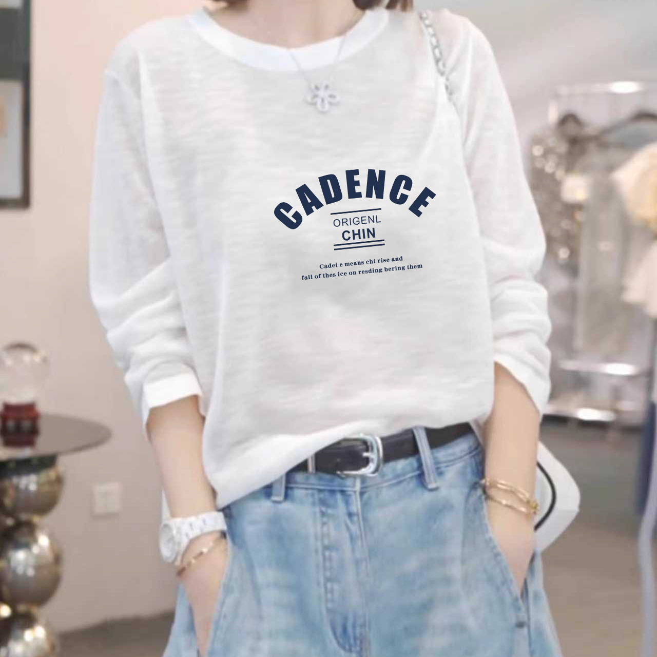 宽松型遮肉显瘦女装字母印花白色雪花棉薄款正肩长袖t恤夏ins打底