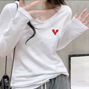 长袖早秋新款印花宽松显瘦2025竹节棉薄款卷边U领设计款时尚女装