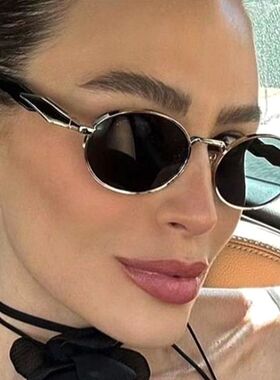 赛博朋克未来感椭圆形太阳眼镜男女潮复古金属框圆脸显瘦嘻哈墨镜