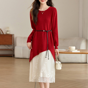 法式气质闪闪亮片红色连衣裙2025新款女装秋季打底针织毛衣长裙子