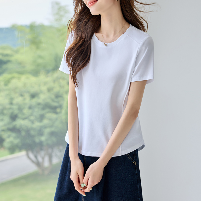 正肩白色短袖t恤女2025夏季新款高级感气质修身显瘦上衣洋气体恤