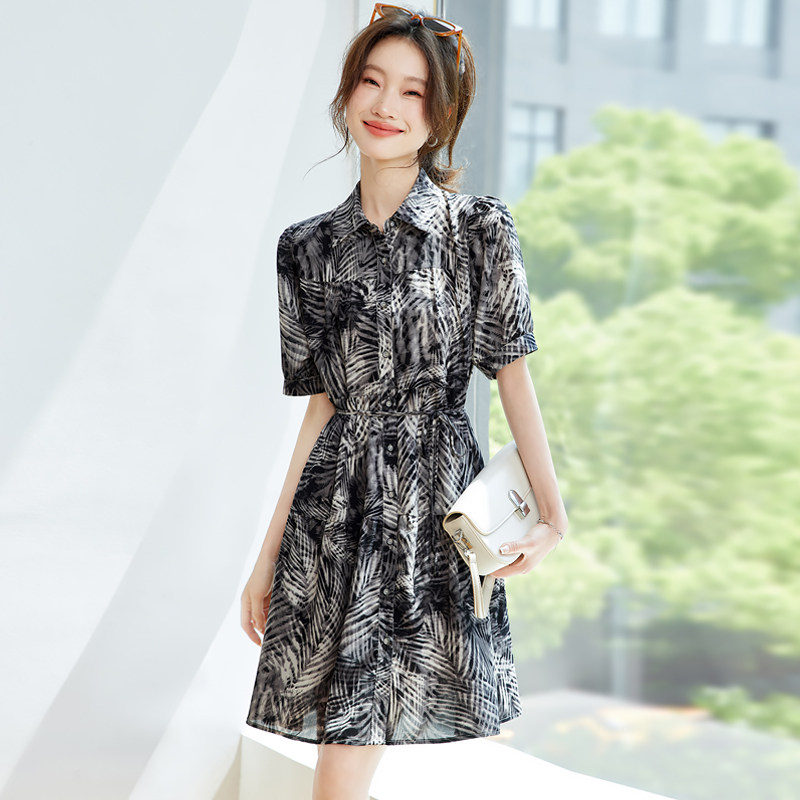 2025夏季新款高级气质短袖洋装女时尚休闲覆古显瘦中长版衬衫裙
